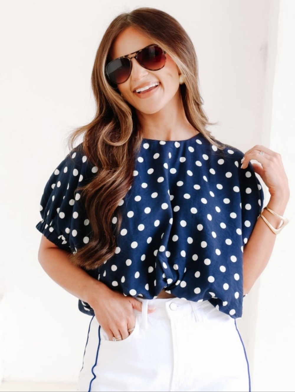 ENTRO NWT- Polka Dot Navy Puff Sleeve Crop Top